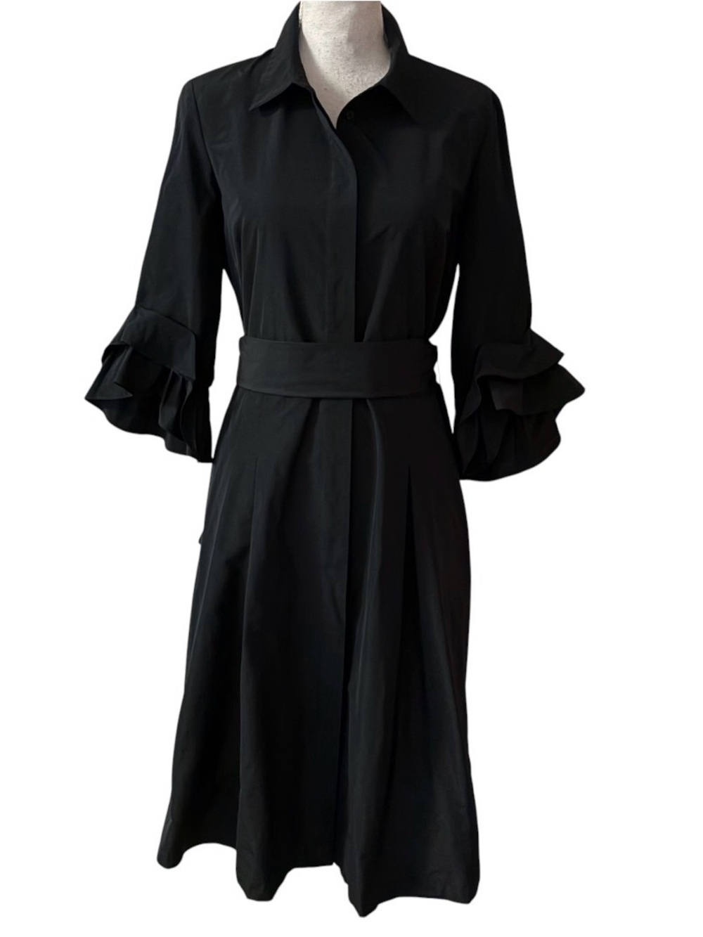 Lafayette 148 Womens Black Tie Waist 3/4 Bell Flutter Sleeve Shirt Dress Sz M